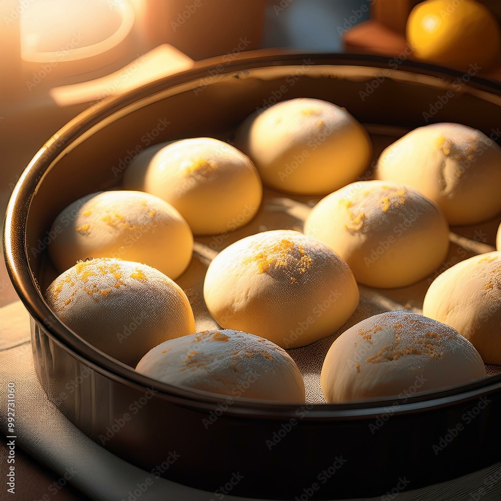 White dough balls in a baking pan White dough balls in a baking pan