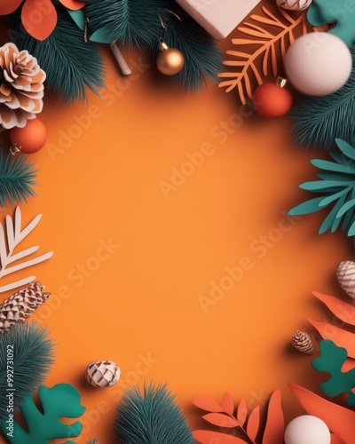 A vibrant autumn-themed background featuring colorful leaves, pinecones, and ornaments. Perfect for seasonal designs and crafts