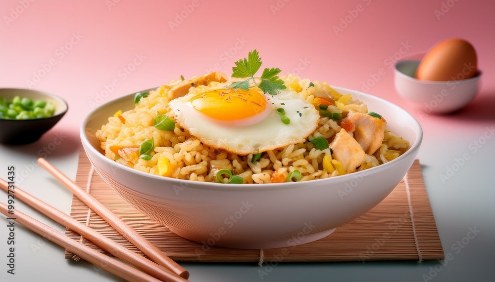 Chicken fried rice with egg on top served in a white bowl with chopsticks Chicken fried rice with egg on top served in a white bowl with chopsticks