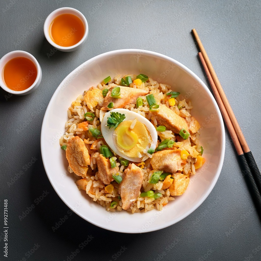 Chicken fried rice with egg on top served in a white bowl with chopsticks Chicken fried rice with egg on top served in a white bowl with chopsticks