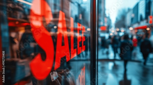 Bold red sale sign in store window, outside busy street and pedestrians are slightly out of focus photo