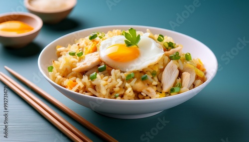 Chicken fried rice with egg on top served in a white bowl with chopsticks