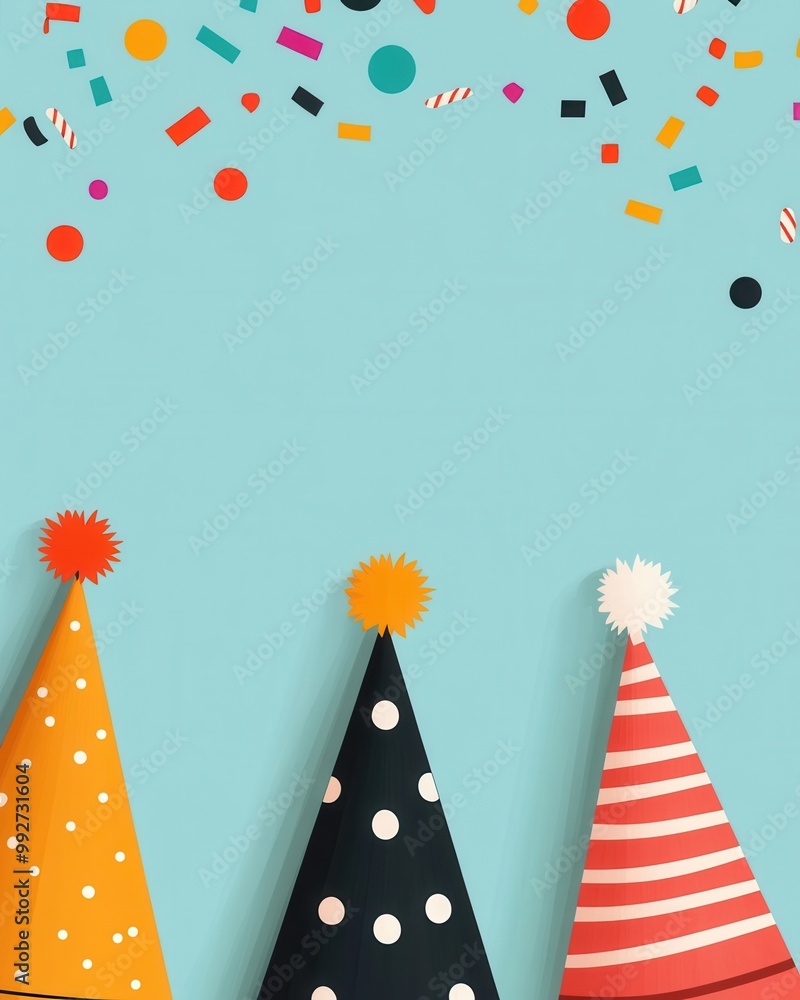 Obraz premium Colorful party hats with confetti on a blue background, perfect for celebrations and festive occasions
