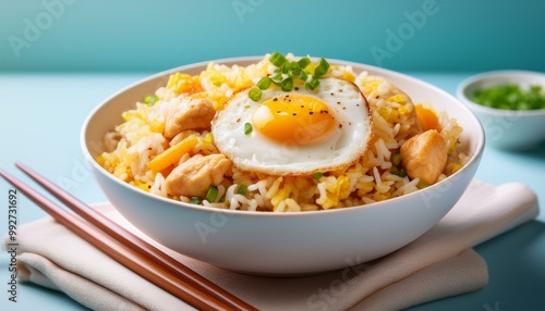 Chicken fried rice with egg on top served in a white bowl with chopsticks