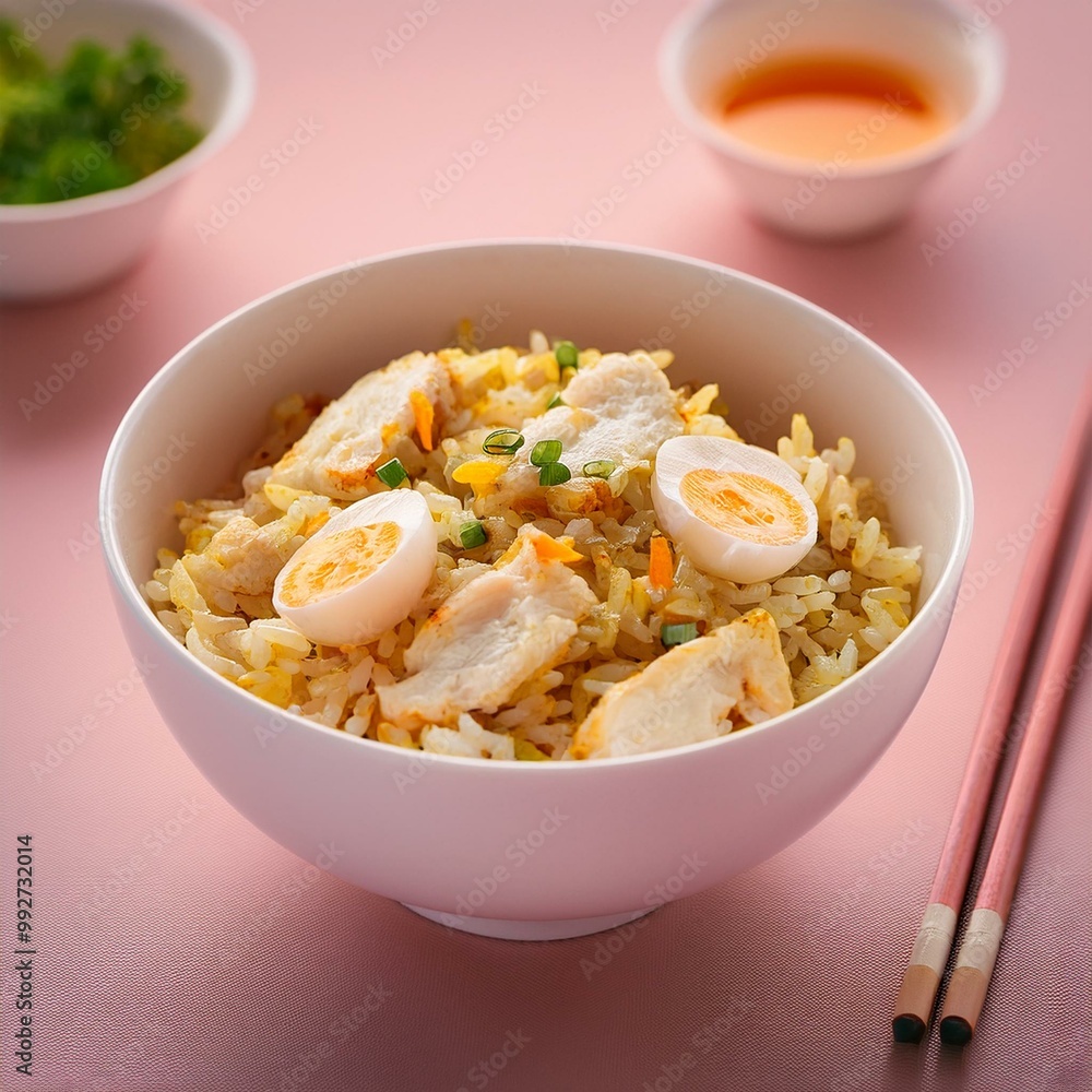 Chicken fried rice with egg on top served in a white bowl with chopsticks Chicken fried rice with egg on top served in a white bowl with chopsticks