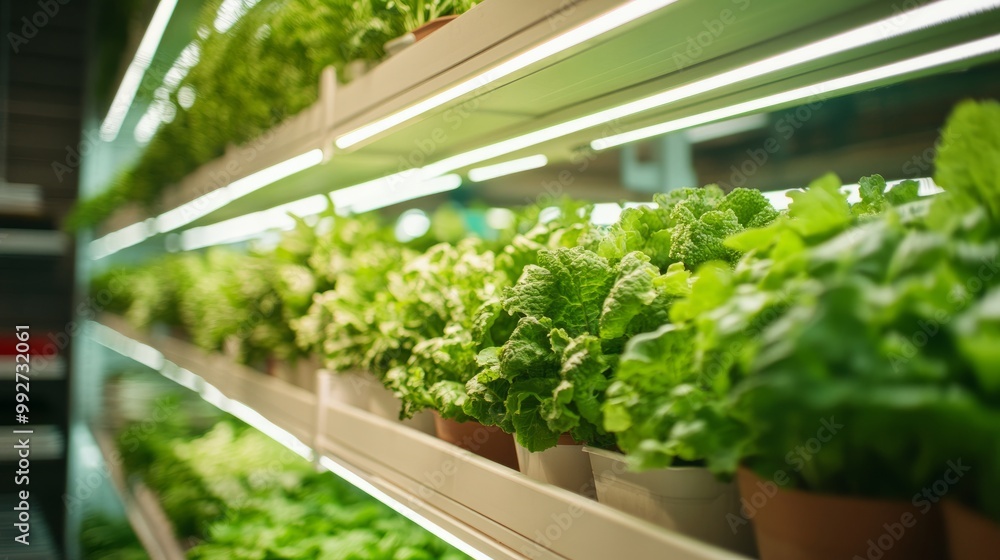 High-tech hydroponic shelves filled with fresh green produce, located inside a cutting-edge agricultural facility. High-tech hydroponic shelves filled with fresh green produce, located inside a cutting-edge agricultural facility.