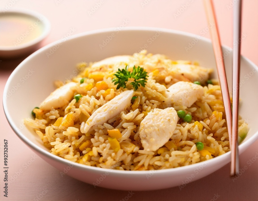 Chicken fried rice served in a white bowl with chopsticks Chicken fried rice served in a white bowl with chopsticks