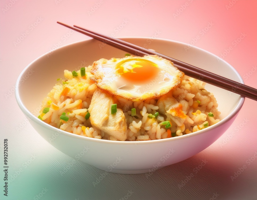 Chicken fried rice with egg on top served in a white bowl with chopsticks Chicken fried rice with egg on top served in a white bowl with chopsticks