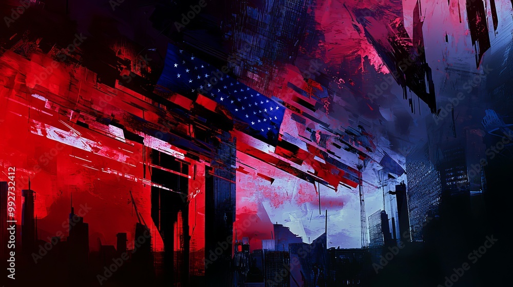 Fototapeta premium Surreal dark composition, fragmented American flag floating over a darkened cityscape