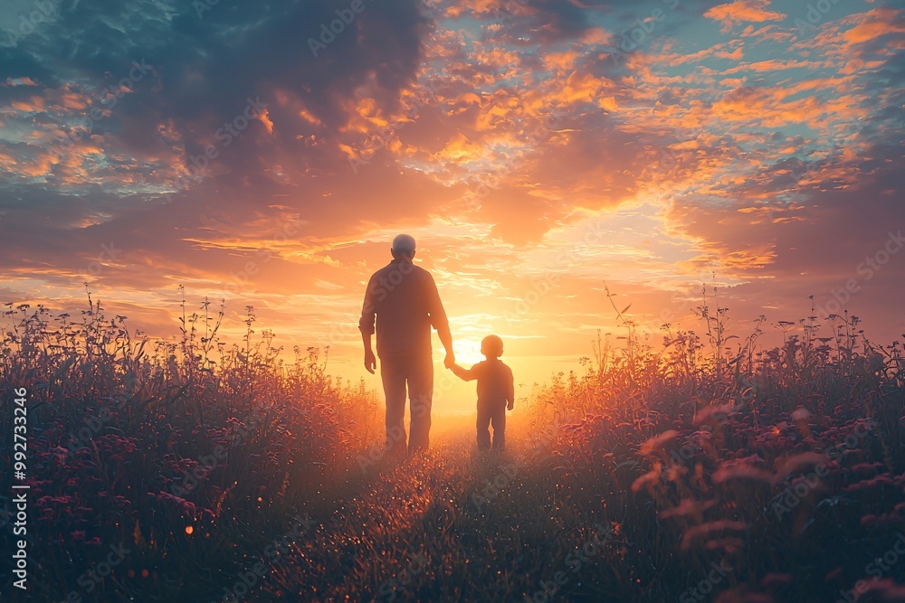 Heartwarming silhouette of an elderly man and a child during sunset, perfect for Thanksgiving and Halloween themes, capturing warmth and nostalgia. Heartwarming silhouette of an elderly man and a child during sunset, perfect for Thanksgiving and Halloween themes, capturing warmth and nostalgia.