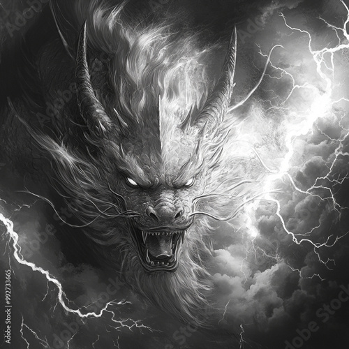 fantasy drawing of a Chinese dragon's head coming through thunders, hair flowing, not scary looking, holy and divine atmosphere photo