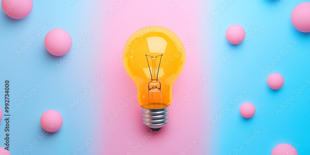 A single lightbulb in the middle of a pink and blue background with pink balls all around it. A single lightbulb in the middle of a pink and blue background with pink balls all around it.