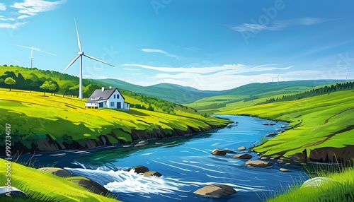 Serene rural vista featuring a white house, graceful wind turbines, a meandering river, and lush green hills beneath a bright blue sky photo