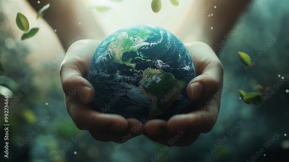 A hands cradling a globe, with green leaves emerging from the planet. A hands cradling a globe, with green leaves emerging from the planet.