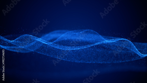 Abstract blue wave of digital particles flowing across a dark background, evoking concepts of technology, data, and connectivity. 3D rendering.
