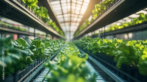 Vertical hydroponic farming setup inside a spacious greenhouse, rows of leafy greens growing on shelves.