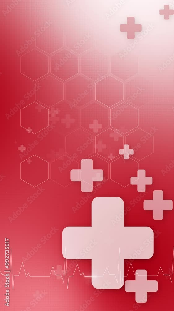 Abstract healthy and medical red background with floating cross and hexagon grid. Technology and science wallpaper template. Vertical video. Abstract healthy and medical red background with floating cross and hexagon grid. Technology and science wallpaper template. Vertical video.