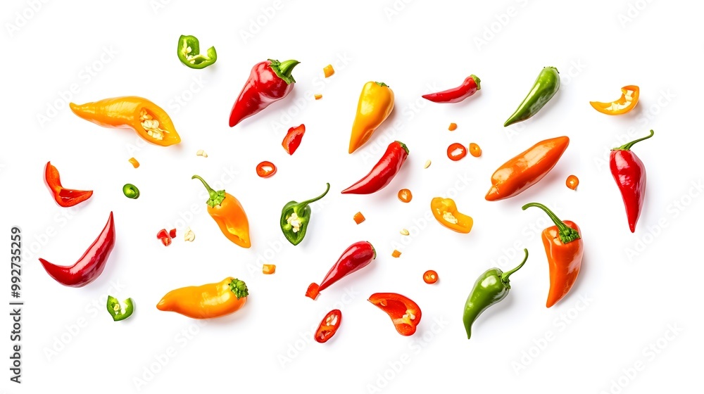 Peppers in freefall with full depth and detail isolated on a white background Peppers in freefall with full depth and detail isolated on a white background
