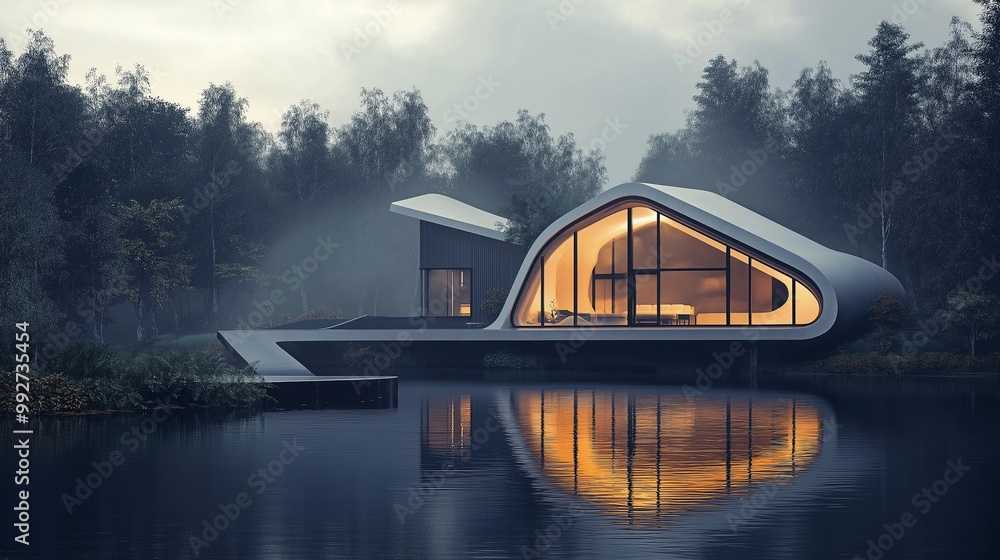 A modern house built on a platform overlooking a serene lake surrounded by mountains. A modern house built on a platform overlooking a serene lake surrounded by mountains.