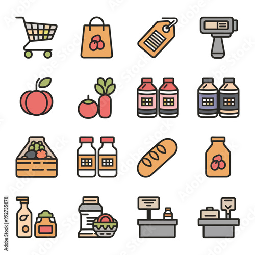 illustrations vector sale offer supper market items icon  for juice and basket ,label ,price , fruits , others 
