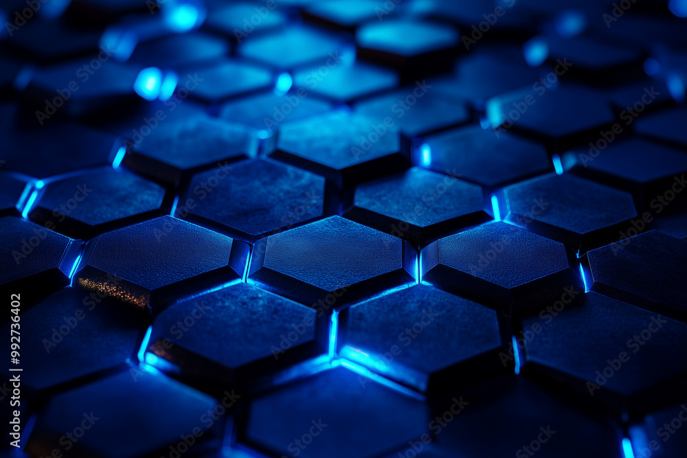 Metallic Hexagonal Tiles Illuminated by Neon Blue Light Create a Futuristic and Mesmerizing Visual Experience Metallic Hexagonal Tiles Illuminated by Neon Blue Light Create a Futuristic and Mesmerizing Visual Experience