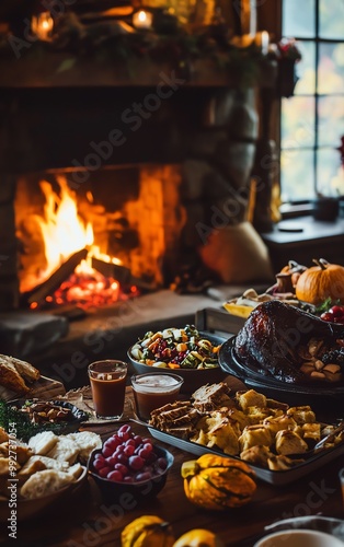 Cozy family Thanksgiving around a fireplace with blankets, hot drinks, and delicious food