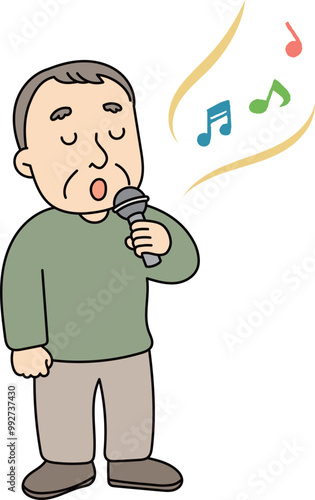 マイクを持って歌うシニア男性