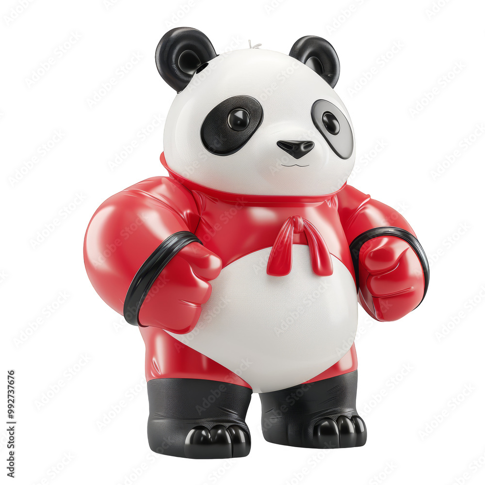Naklejka premium A cute panda wearing a red suit, standing with its arms crossed.