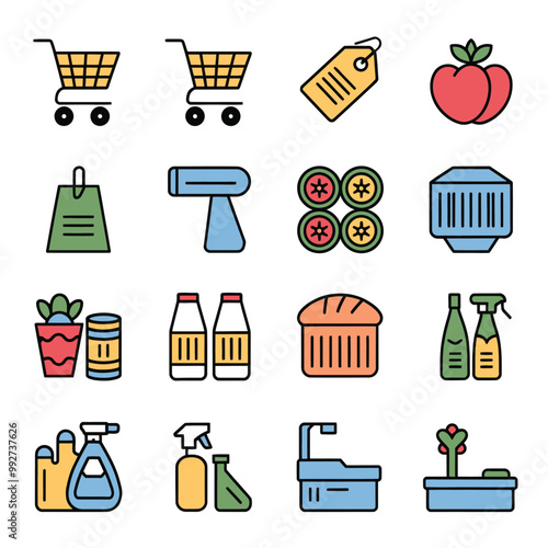 illustrations vector sale offer supper market items icon  for juice and basket ,label ,price , fruits , others 
