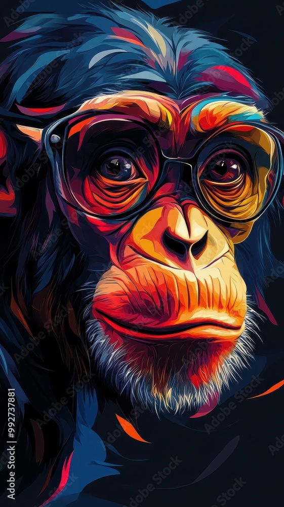 Naklejka premium Morphism style chimpanzee, abstract shapes, smooth transitions.
