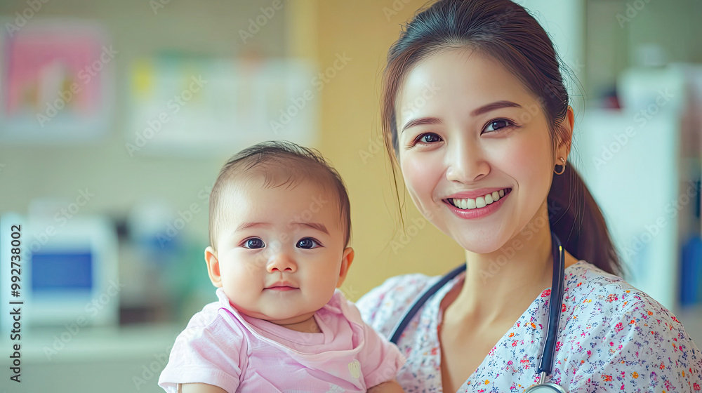 Beautiful female doctor holding a baby. Generative AI Beautiful female doctor holding a baby. Generative AI
