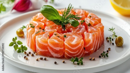 A White Plate with a Square of Salmon Tartare, Garnish, and Dots of Sauce. Generative AI