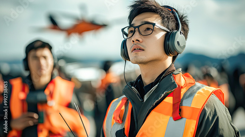 Air traffic controller in reflective vest with walkie talkie at the airport. Generative AI