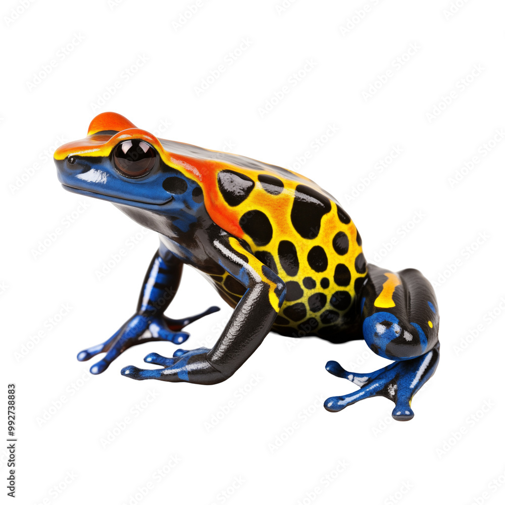 Fototapeta premium Vibrant Poison Dart Frog With Blue And Yellow Spots On A Leaf Isolated On White Background