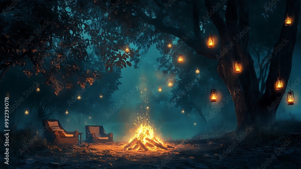 Fototapeta premium Enchanted Forest Campfire with Lanterns.