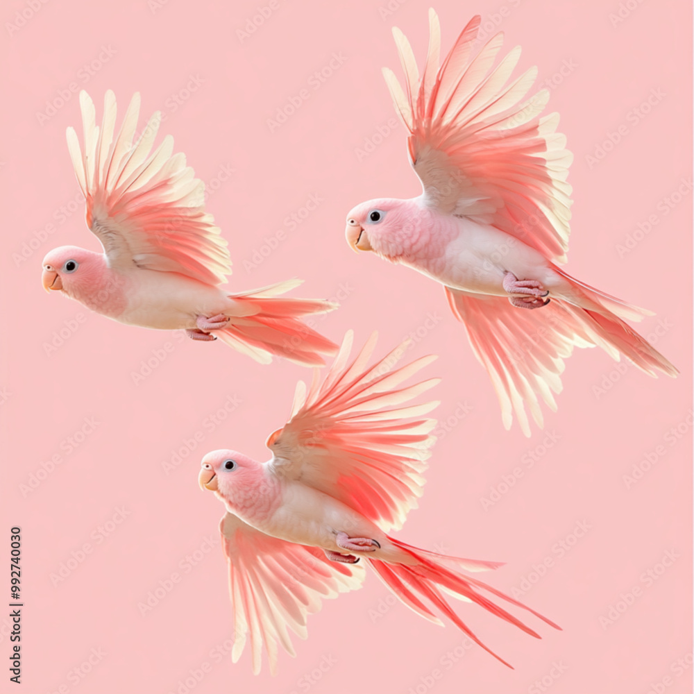 three pink cockatiels flying in the same direction. three pink cockatiels flying in the same direction.