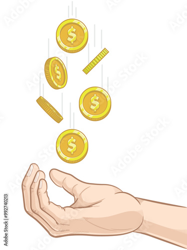 Hand Receiving Donation Falling Coin Money