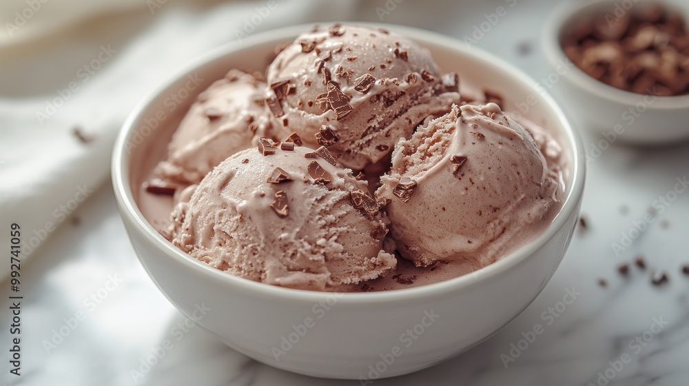A bowl of chocolate ice cream topped with chocolate shavings. A bowl of chocolate ice cream topped with chocolate shavings.