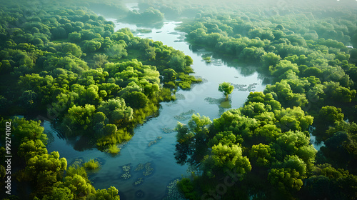 Aerial drone landscape view of a river delta with lush green vegetation and winding waterways