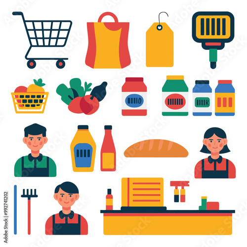 illustrations vector sale offer supper market items icon  for juice and basket ,label ,price , fruits , others 
