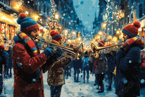 Músicos tocando trompetas en una calle navideña nevada, rodeados de luces festivas y un ambiente alegre y frío. photo