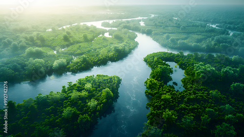 Aerial drone landscape view of a river delta with lush green vegetation and winding waterways