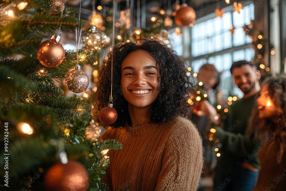 Una mujer joven sonríe mientras decora un árbol de Navidad con esferas doradas, rodeada de amigos en un ambiente festivo y cálido.
Una mujer joven sonríe mientras decora un árbol de Navidad con esferas doradas, rodeada de amigos en un ambiente festivo y cálido.