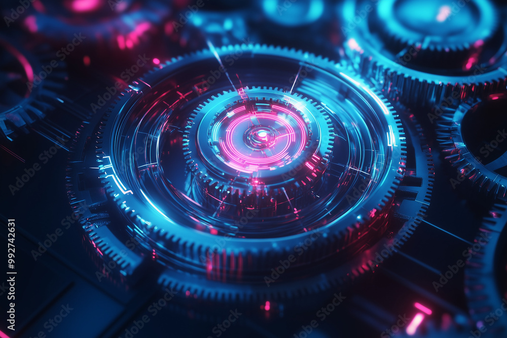 Abstract Techno Gears Spin with Neon Light Accents in a Futuristic Composition Abstract Techno Gears Spin with Neon Light Accents in a Futuristic Composition
