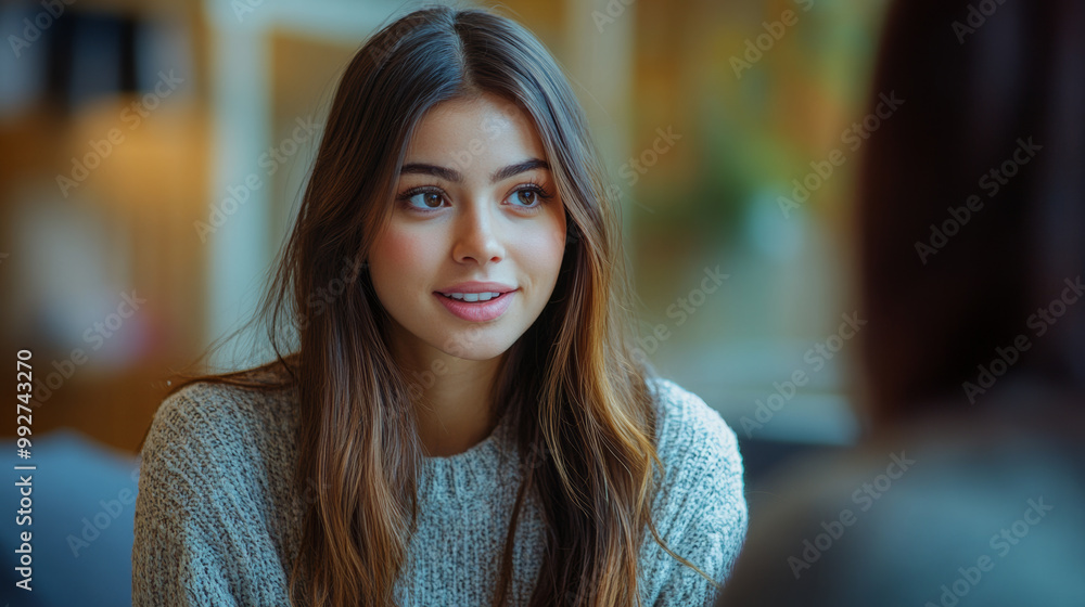 Young woman counselor talking to student, displaying warm and engaging expression. setting is cozy and inviting, enhancing supportive atmosphere of conversation Young woman counselor talking to student, displaying warm and engaging expression. setting is cozy and inviting, enhancing supportive atmosphere of conversation