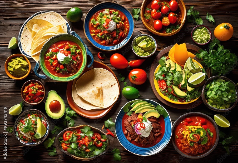 vibrant array colorful mexican dishes displayed beautiful presentation fresh ingredients traditional spices, appetizing, avocado, banquet, beans, cheese vibrant array colorful mexican dishes displayed beautiful presentation fresh ingredients traditional spices, appetizing, avocado, banquet, beans, cheese
