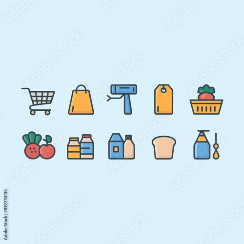 illustrations vector sale offer supper market items icon  for juice and basket ,label ,price , fruits , others 
