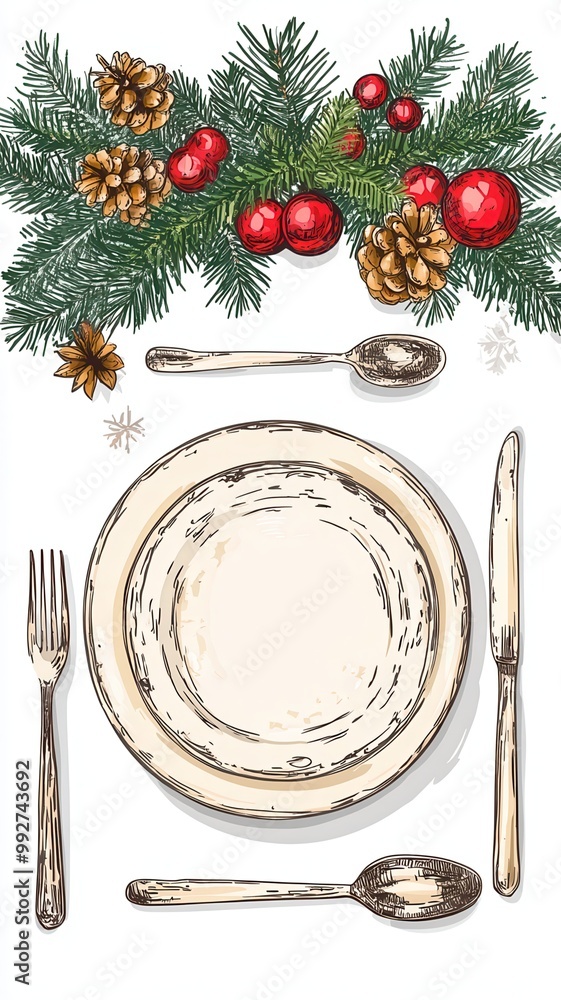 Vector cutlery set : plate, fork, spoon, knife,Table setting,top view,Vector hand drawn illustrations type of christmas dinner table,isolated illustration on white background,holiday greeting design. Vector cutlery set : plate, fork, spoon, knife,Table setting,top view,Vector hand drawn illustrations type of christmas dinner table,isolated illustration on white background,holiday greeting design.