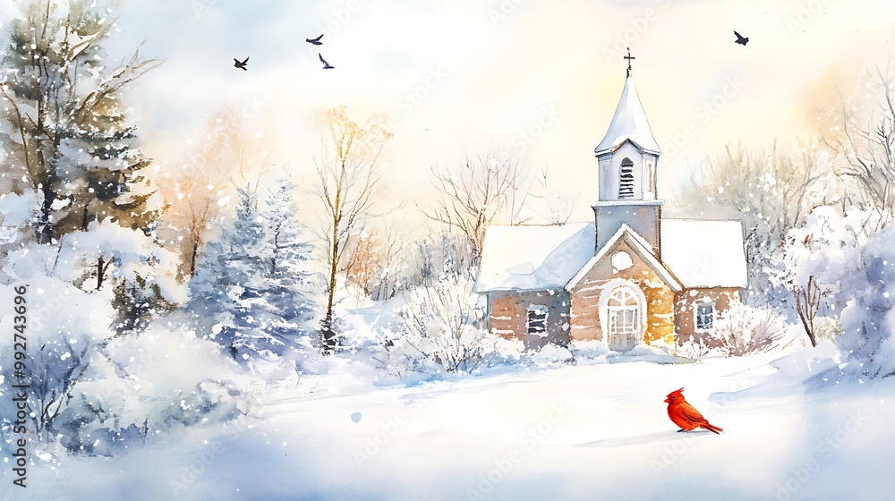 custom made wallpaper toronto digitalWatercolor Painting of a Snowy Church with a Cardinal Bird.