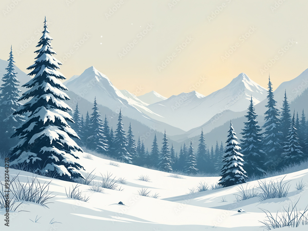 Snow-covered winter season landscape minimalistic illustration. Snow-covered winter season landscape minimalistic illustration.